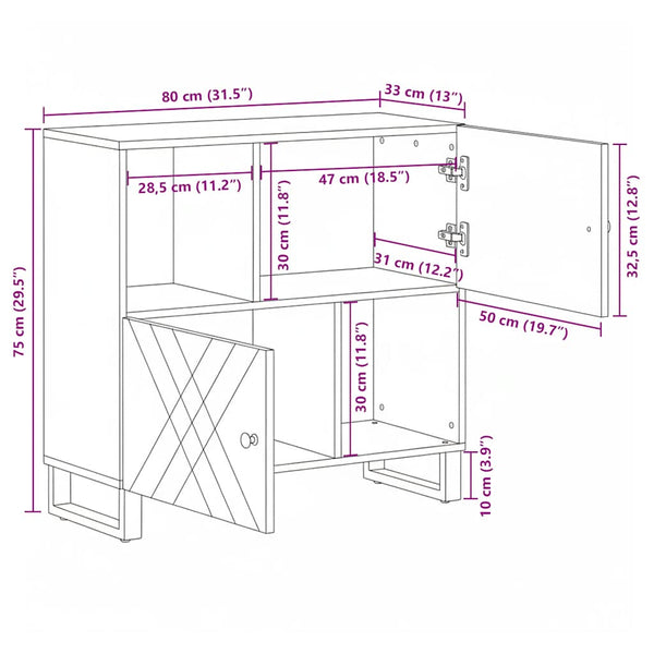 Schwarzes Sideboard Mango Massivholz 80cm