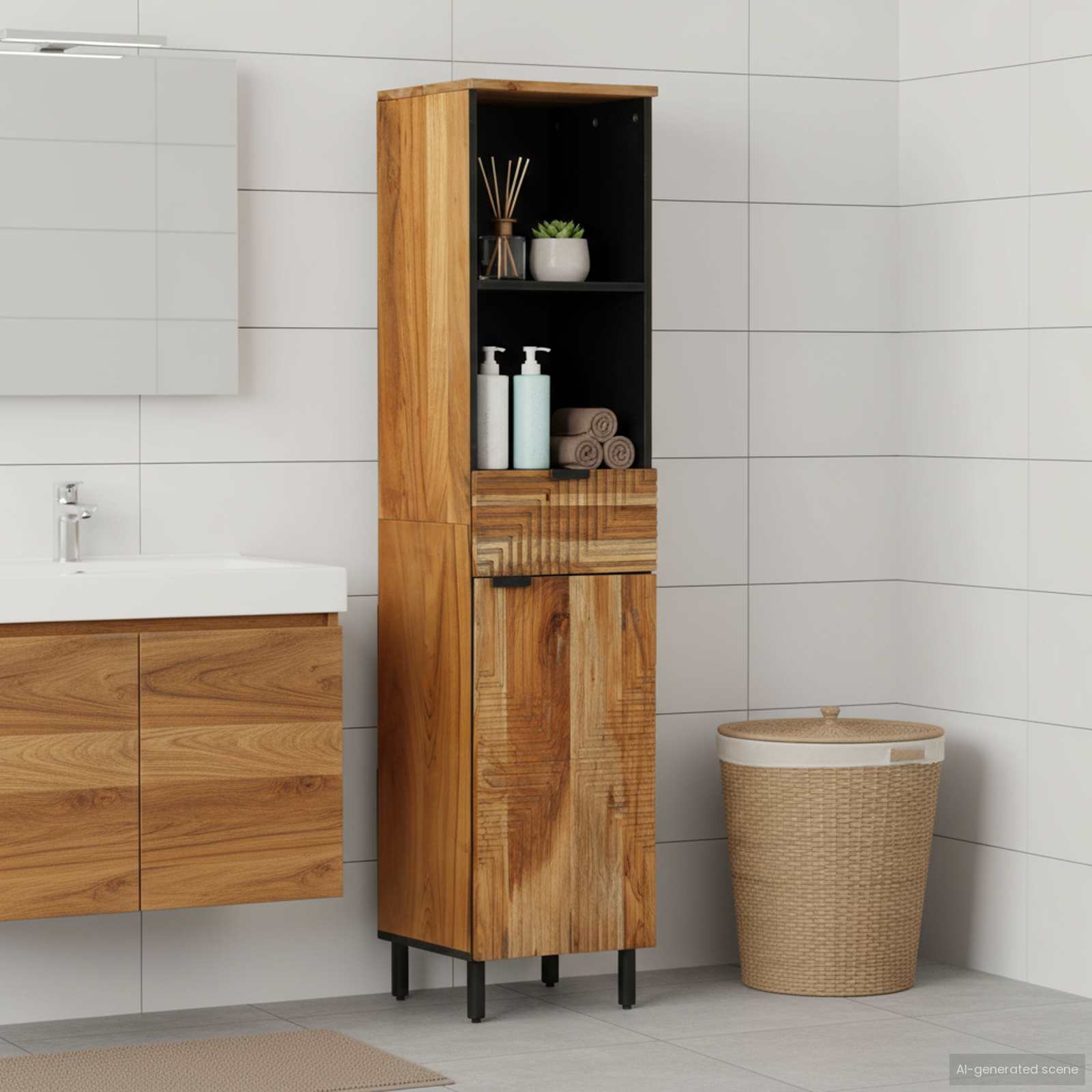 Waschbeckenschrank mit Regal Akazie Massivholz 160cm