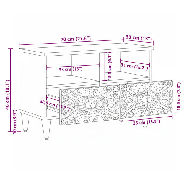 TV-Schrank Weiß Mango Massivholz 70 cm