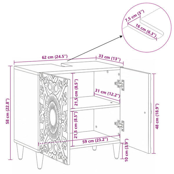 Waschbeckenschrank Weiß Mango Massivholz 62 cm
