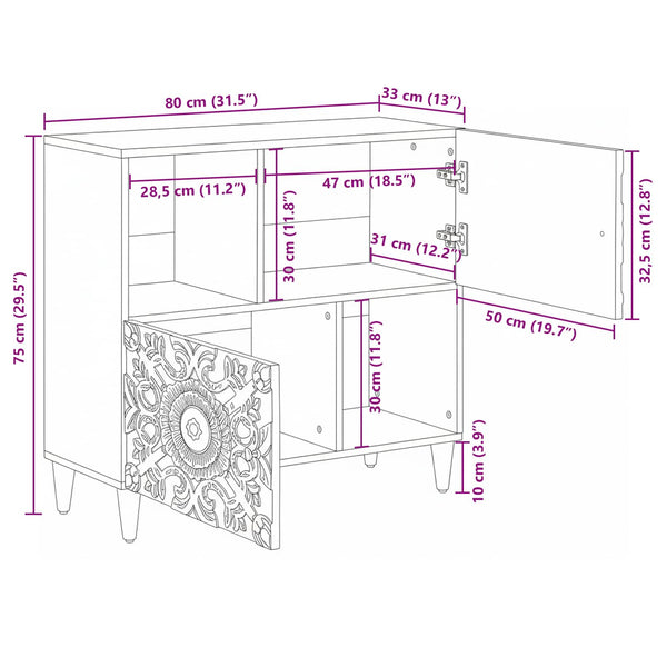 Sideboard Weiß Mango Massivholz 80 cm