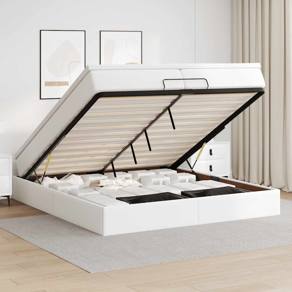 Ottoman Bett mit Matratzen 200x200 cm Kunstleder Weiß