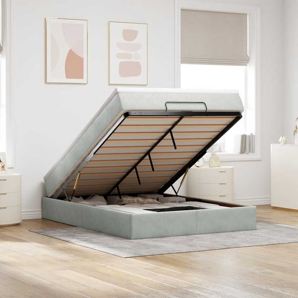 Ottoman Bett mit Matratze Hellgrau Samt 140x190 cm