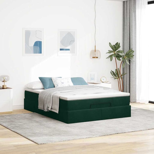 Ottoman Bett mit Matratze Dunkelgrün 140x190 cm Samt