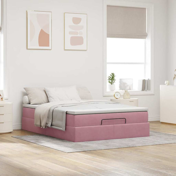 Ottoman Bett mit Matratze Rosa Samt 140x200 cm