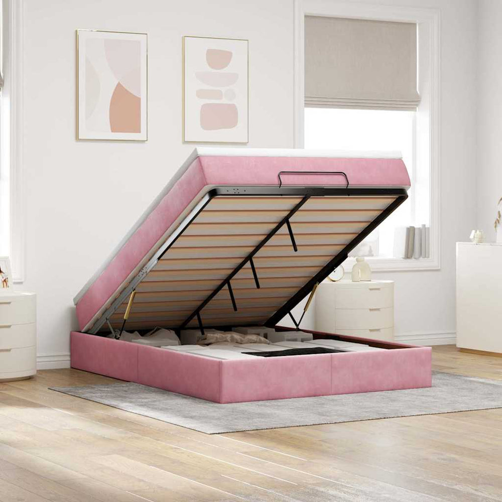 Ottoman Bett mit Matratze Rosa Samt 140x200 cm