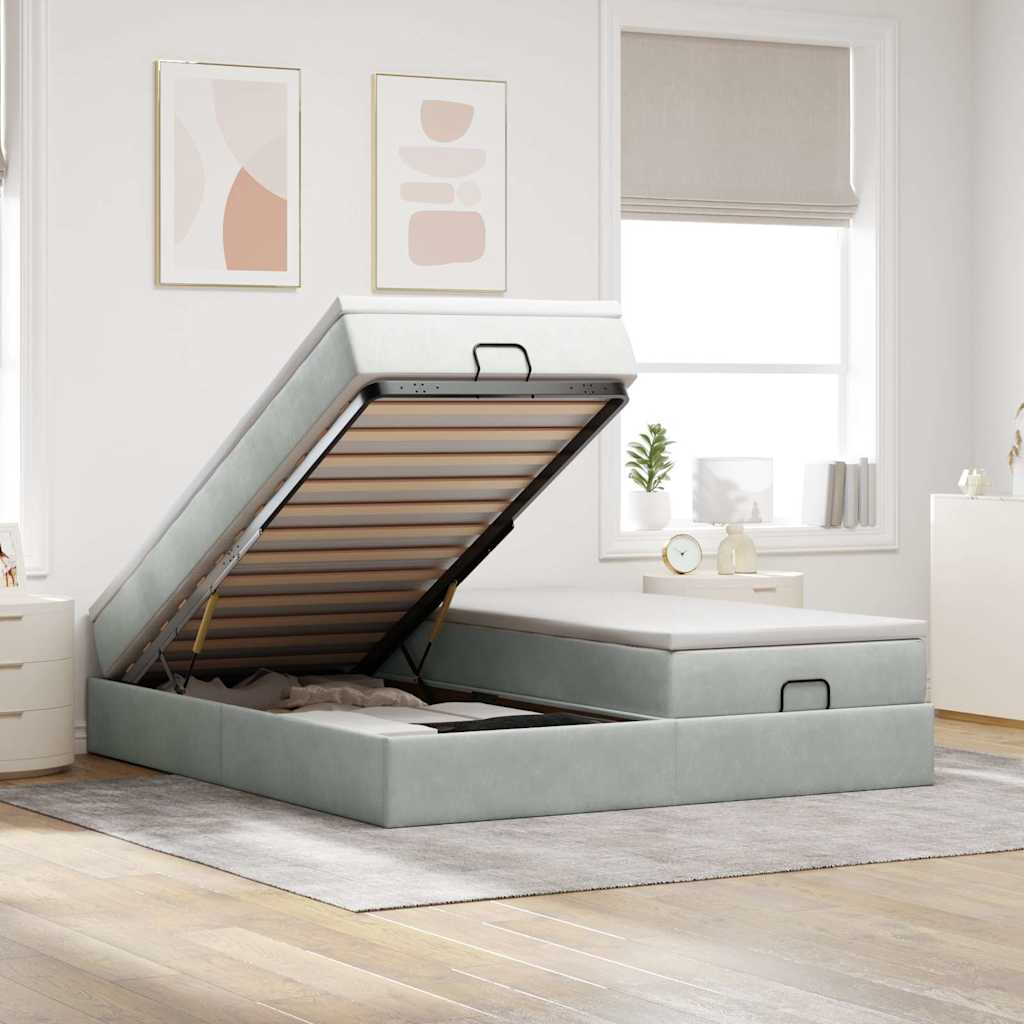Ottoman Bett mit Matratze Hellgrau Samt 160x200