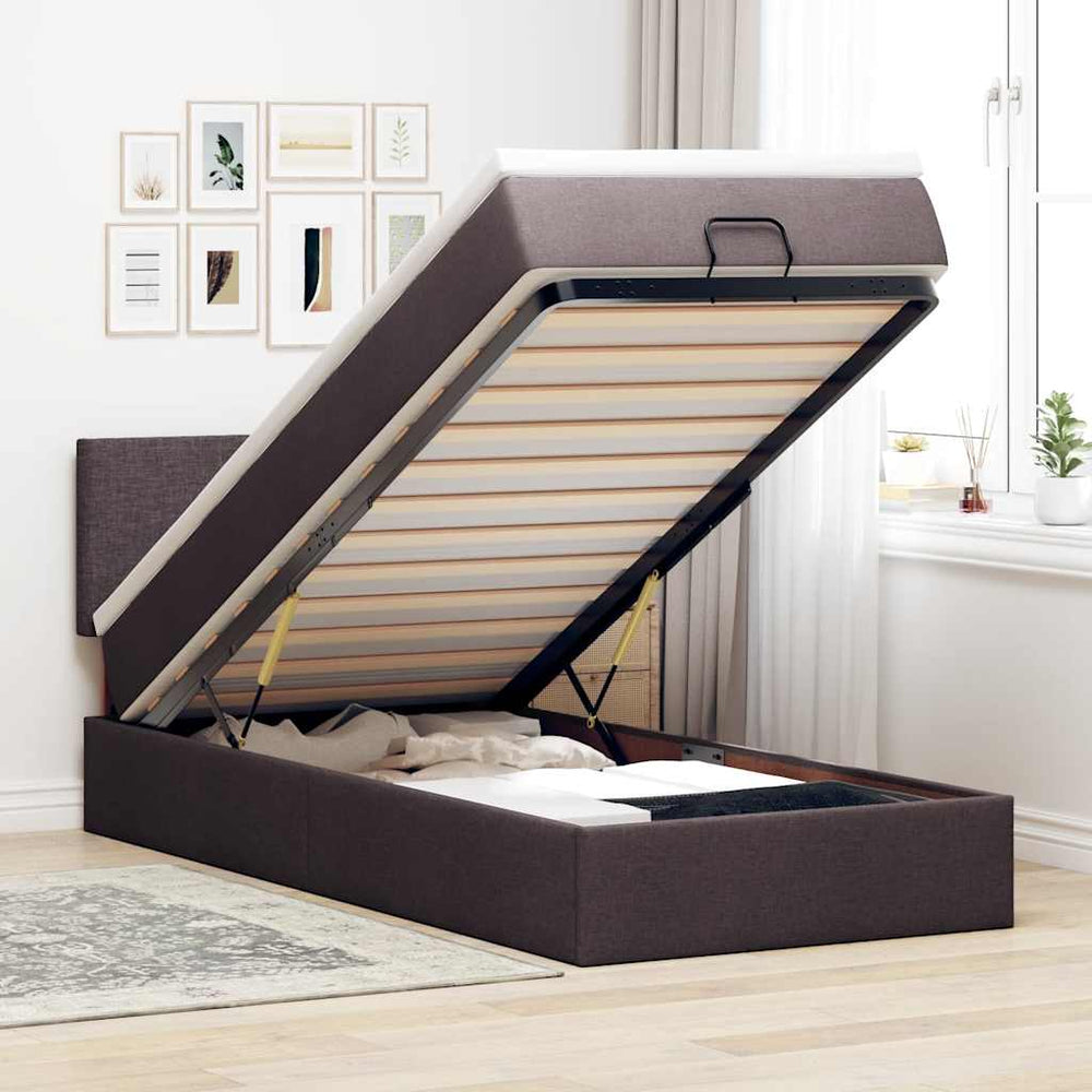 vidaXL Lit-coffre avec matelas et LED Marron foncé 100x200 cm Tissu