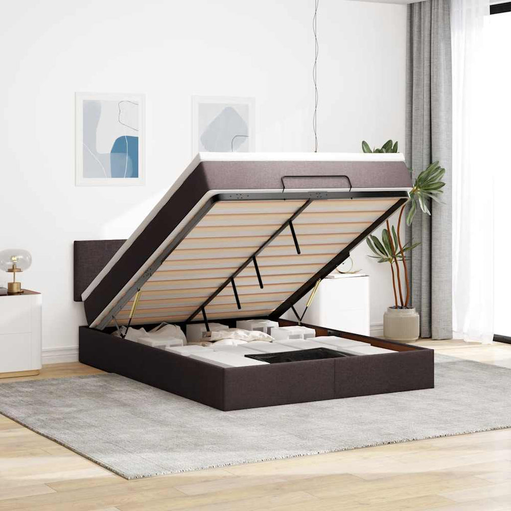 vidaXL Lit ottoman avec matelas et LED Marron foncé 140x200 cm Tissu