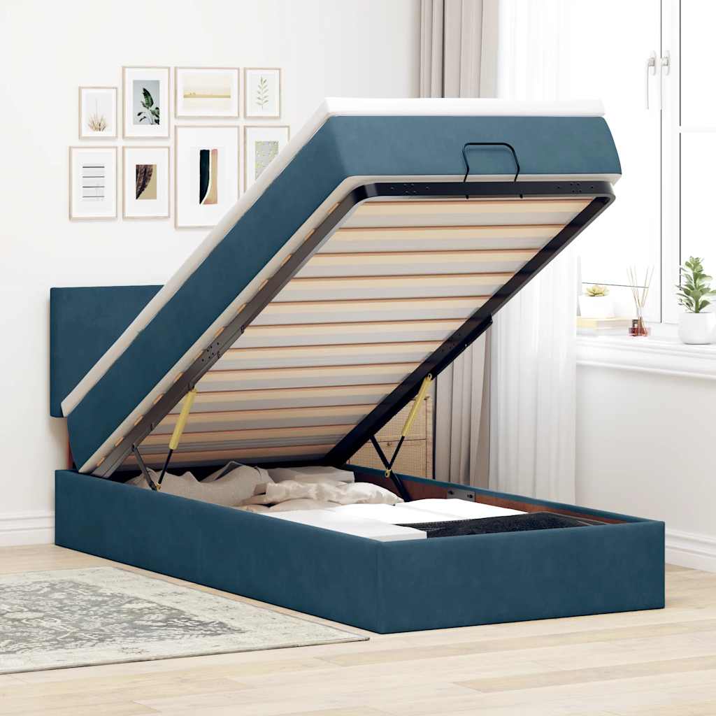 Ottoman Bett mit Matratze & LED Dunkelblau 90x190 cm
