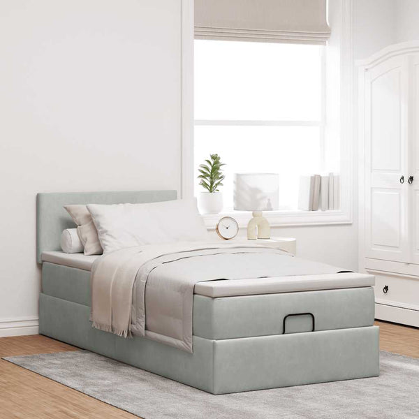 Ottoman Bett mit Matratze & LEDs Hellgrau 90x200 cm