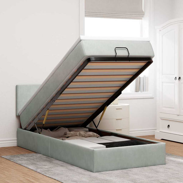 Ottoman Bett mit Matratze & LEDs Hellgrau 90x200 cm