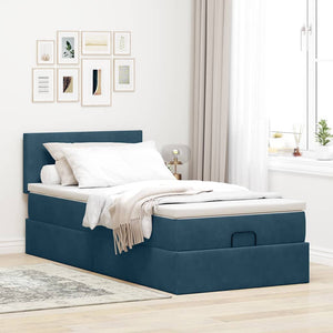 Ottoman Bett mit Matratze & LEDs 90x200 cm Dunkelblau Samt