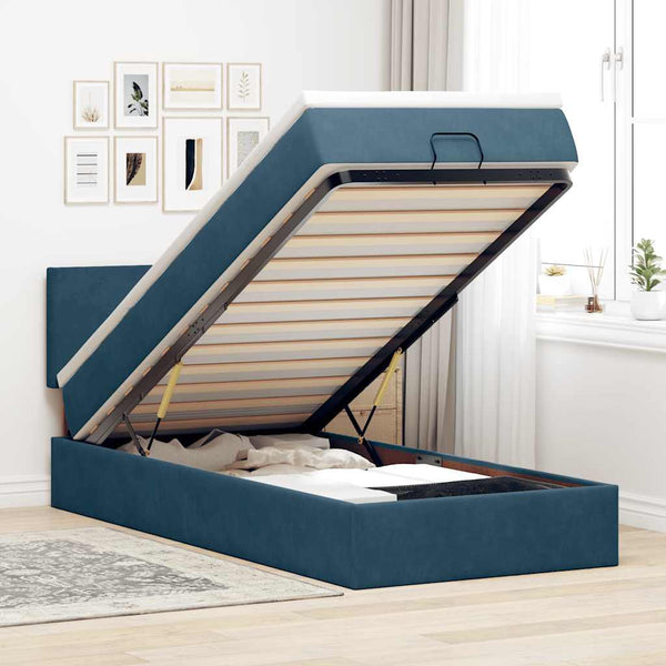 Ottoman Bett mit Matratze & LEDs 90x200 cm Dunkelblau Samt