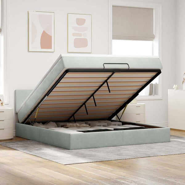 Ottoman Bett mit Matratze & LEDs Hellgrau 160x200 cm