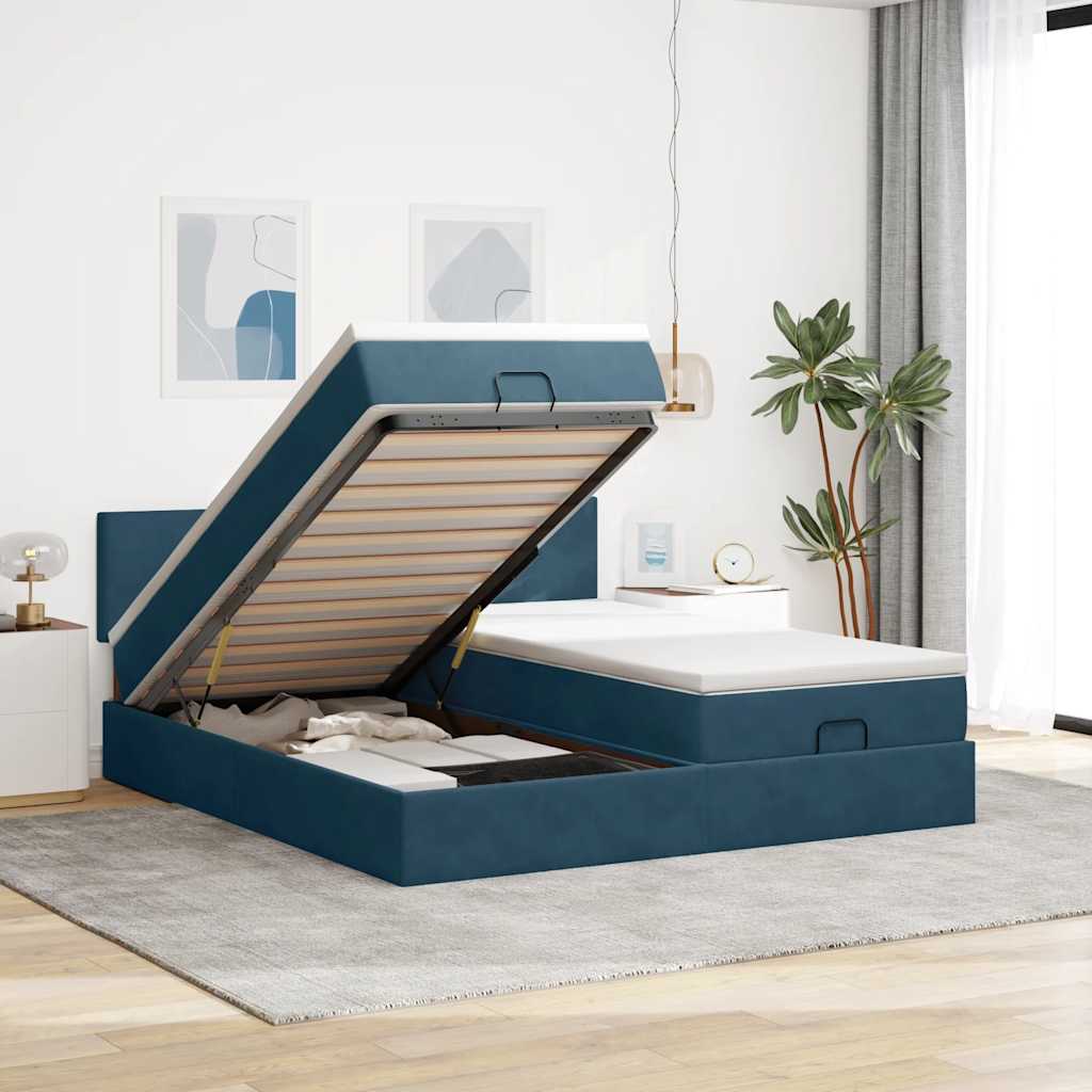 Ottoman Bett mit Matratze & LEDs Dunkelblau 180x200 cm