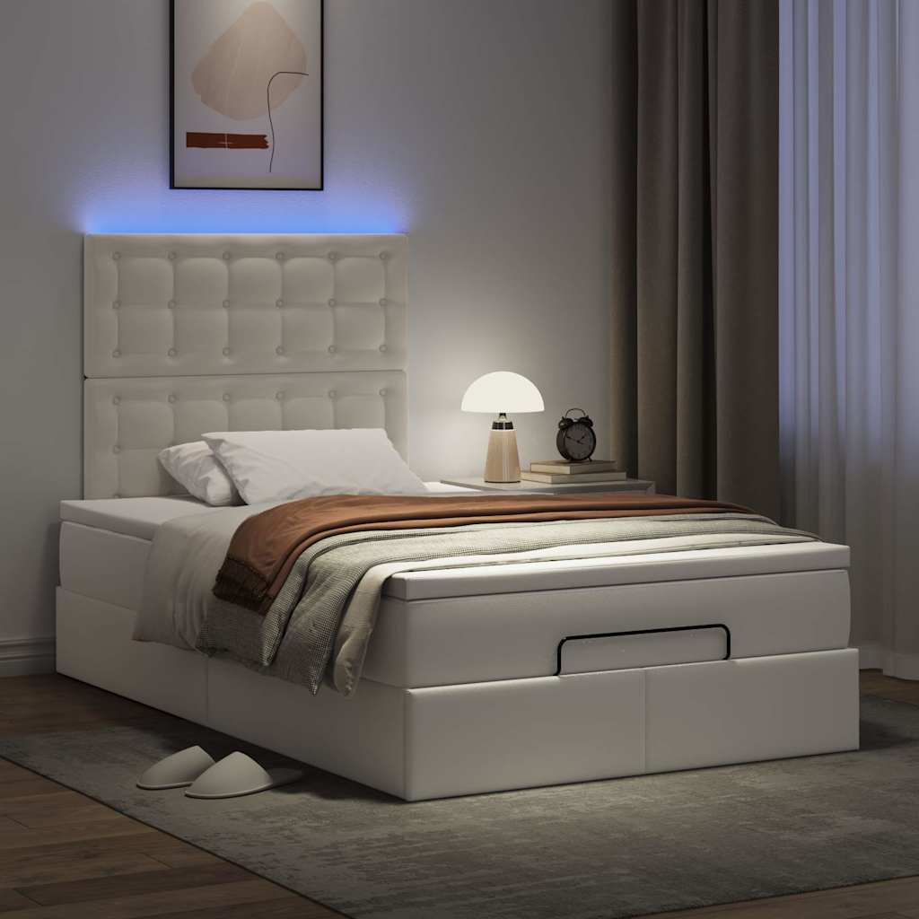 Ottoman Bett mit Matratze & LED Weiß 120x190