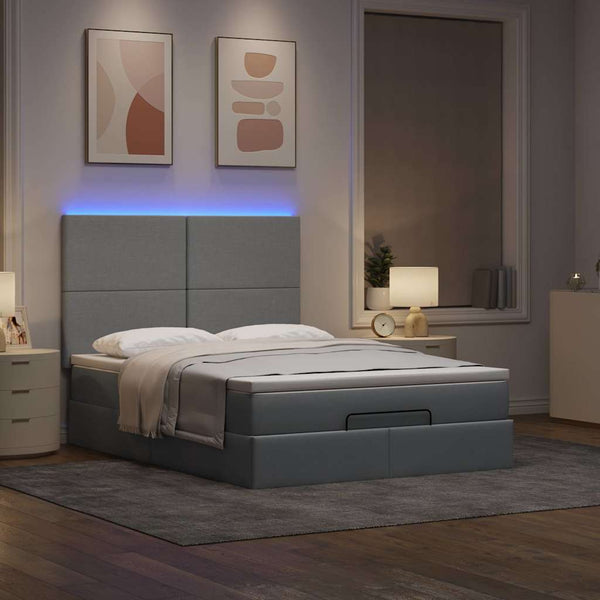 Ottoman Bett mit Matratze & LEDs 140x190 cm Hellgrau