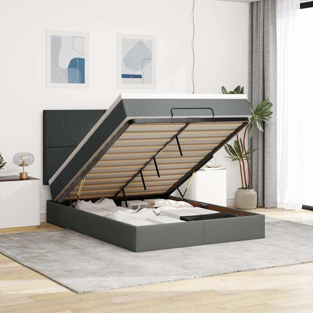 vidaXL Lit ottoman avec matelas et LED gris foncé 140x190 cm Tissu