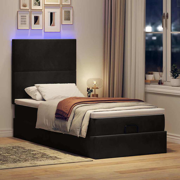 Ottoman Bett mit Matratze & LEDs 90x190 cm Schwarz Samt