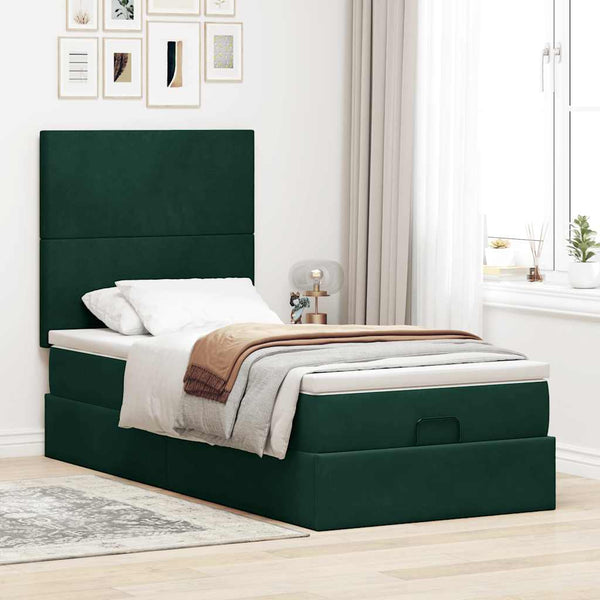 Ottoman Bett mit Matratze & LED Dunkelgrün 90x190 cm