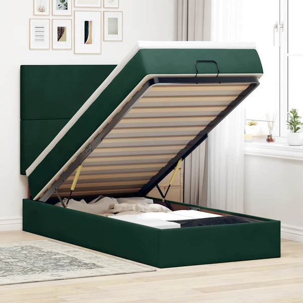 Ottoman Bett mit Matratze & LED Dunkelgrün 90x190 cm