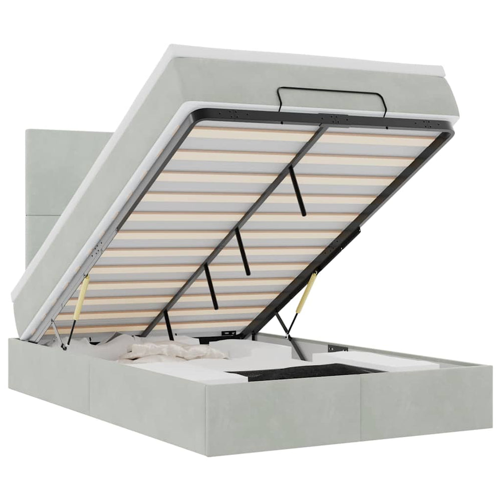Ottoman Bett mit Matratze & LED Hellgrau Samt 120x190