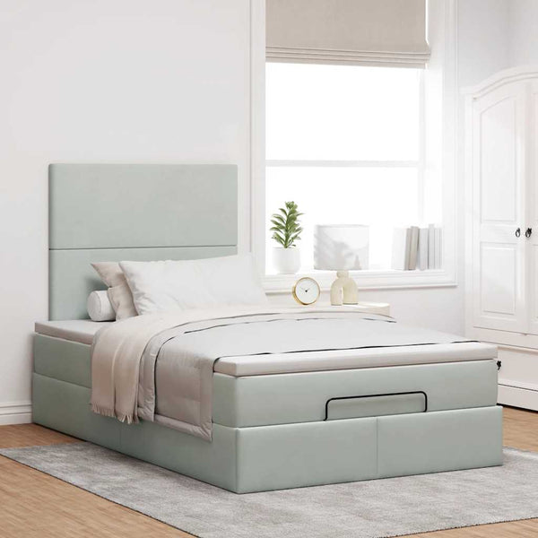 Ottoman Bett mit Matratze & LED Hellgrau Samt 120x190
