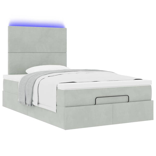 Ottoman Bett mit Matratze & LED Hellgrau Samt 120x190