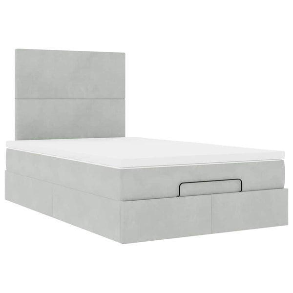 Ottoman Bett mit Matratze & LED Hellgrau Samt 120x190