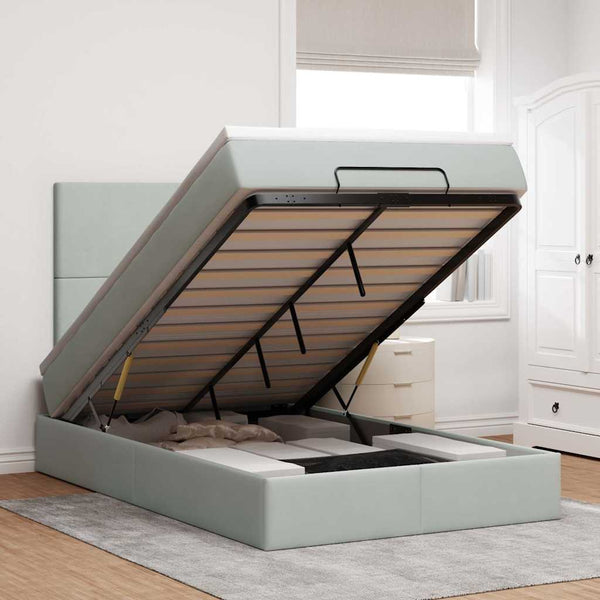 Ottoman Bett mit Matratze & LED Hellgrau Samt 120x190