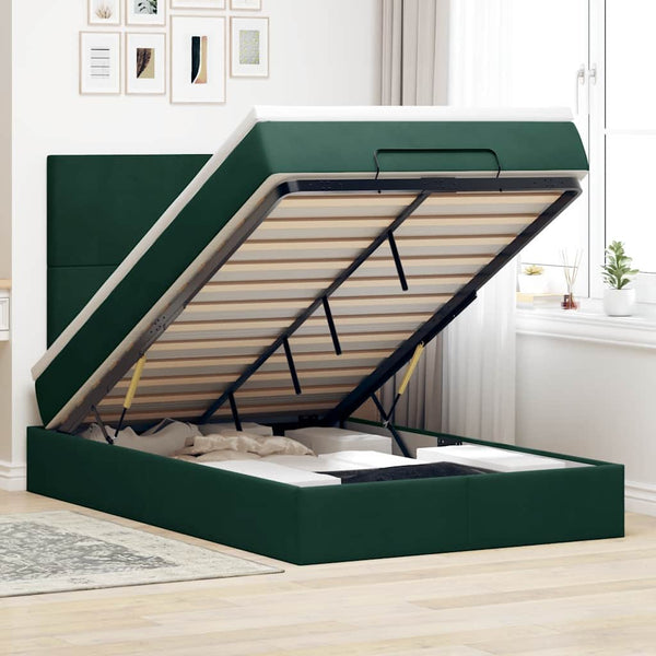 Ottoman Bett mit Matratze & LED Dunkelgrün 120x200 cm