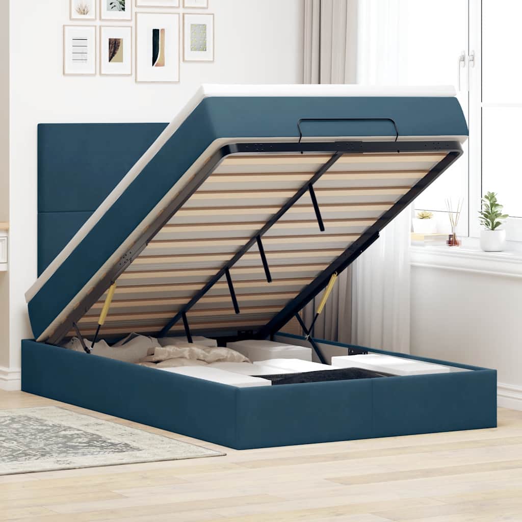 Ottoman Bett mit Matratze & LEDs Dunkelblau Samt 120x200