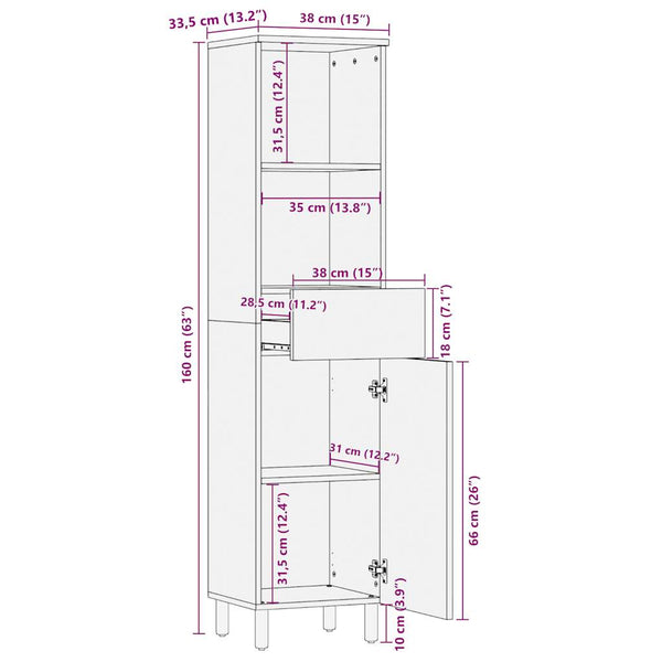 Mango Badschrank Massivholz 38x33,5x160 cm