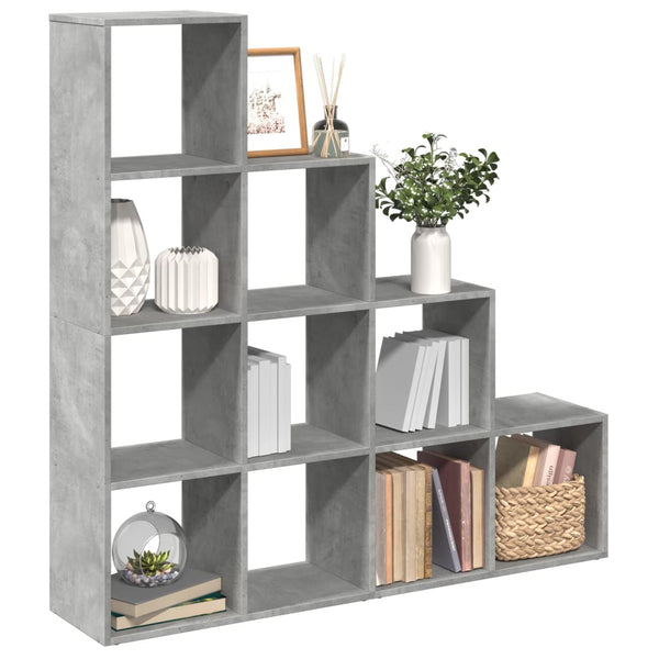Betongraues Raumteiler-Bücherregal mit 4 Stufen