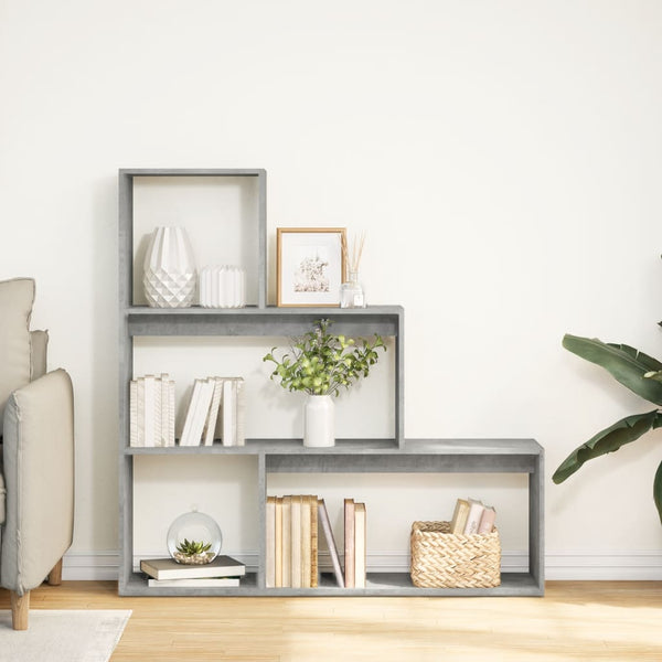 Betongraues Raumteiler-Bücherregal, 3 Stufen