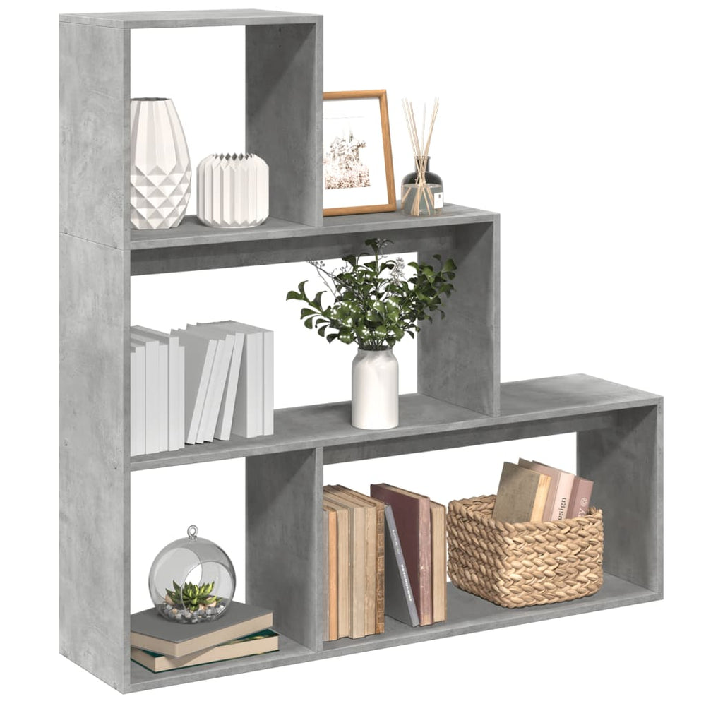 Betongraues Raumteiler-Bücherregal, 3 Stufen