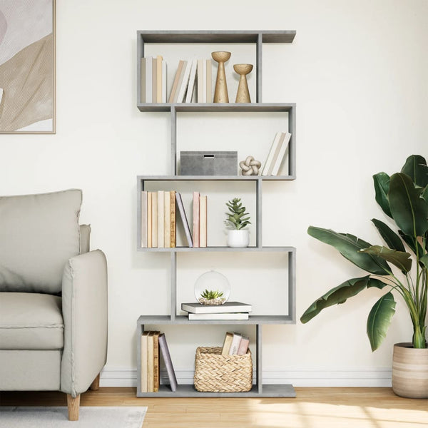 Betongraues Raumteiler-Bücherregal, 5 Etagen, 70x161 cm