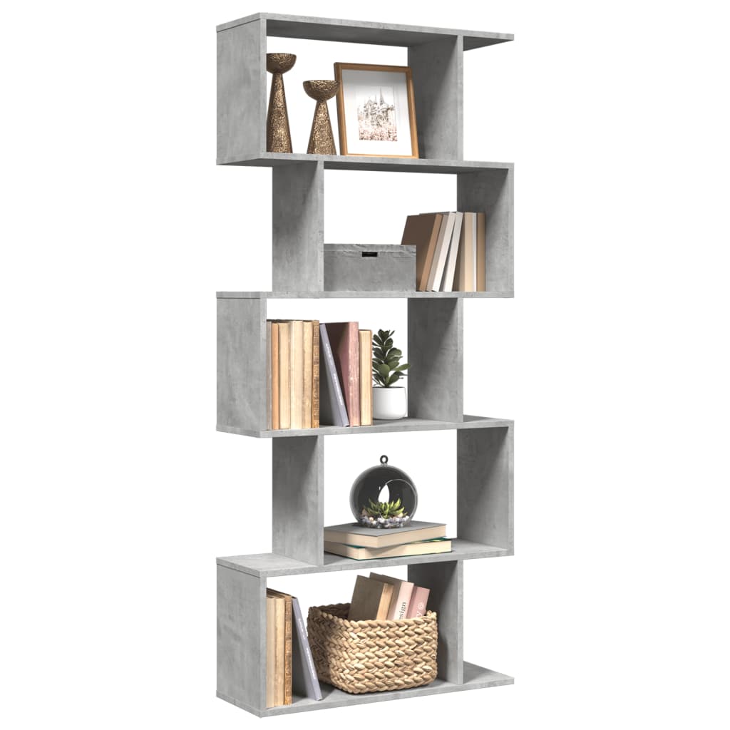 Betongraues Raumteiler-Bücherregal, 5 Etagen, 70x161 cm