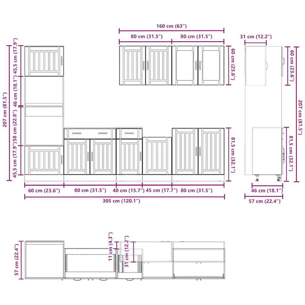 7-tlg Küchenschrank Set Betongrau