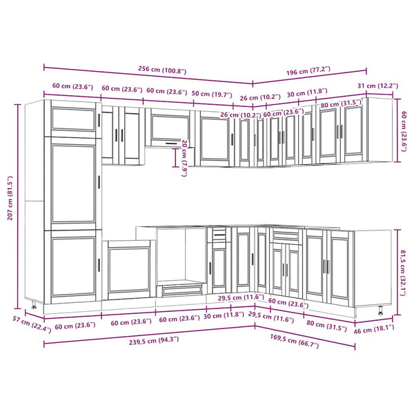 14-teiliges Küchenschrank-Set Räuchereiche