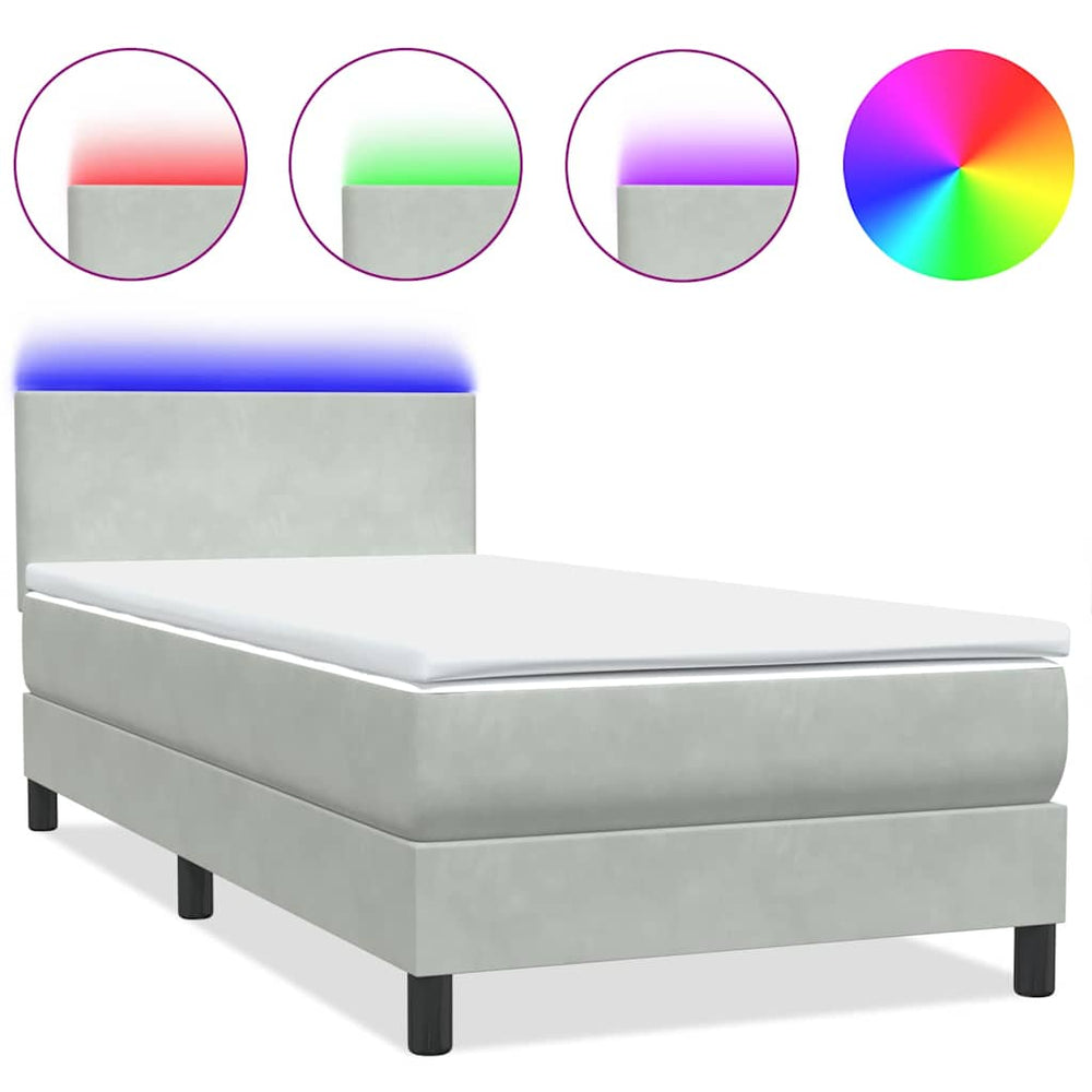 vidaXL Lit boxspring avec matelas et LED Gris clair 90x210 cm Velours