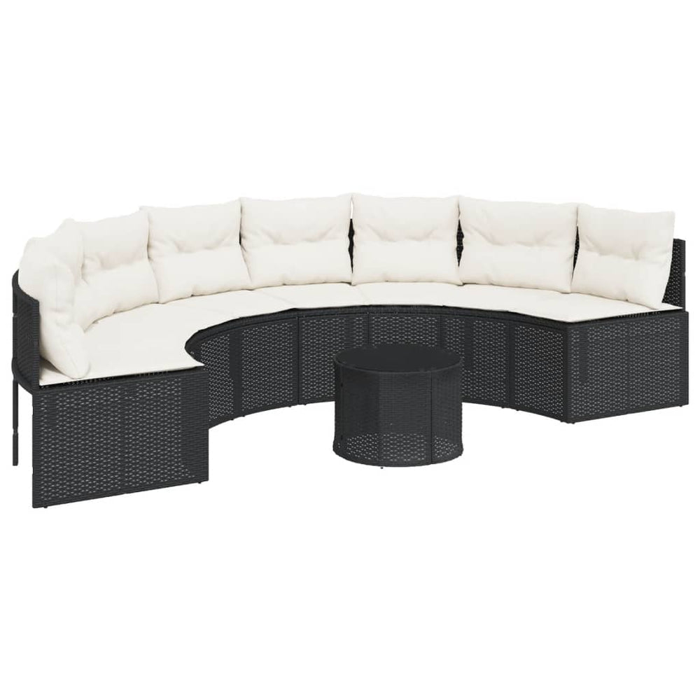 Gartensofa Halbrund Schwarz Poly-Rattan mit Tisch