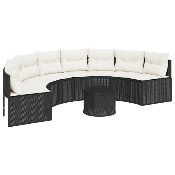 Gartensofa Halbrund Schwarz Poly-Rattan mit Tisch