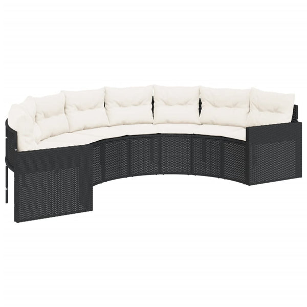 Gartensofa Halbrund Schwarz Poly-Rattan mit Tisch