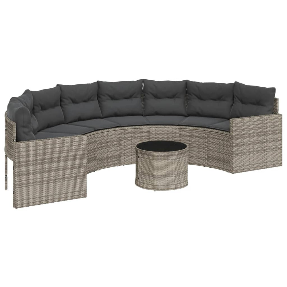Gartensofa Halbrund Grau Poly Rattan mit Tisch