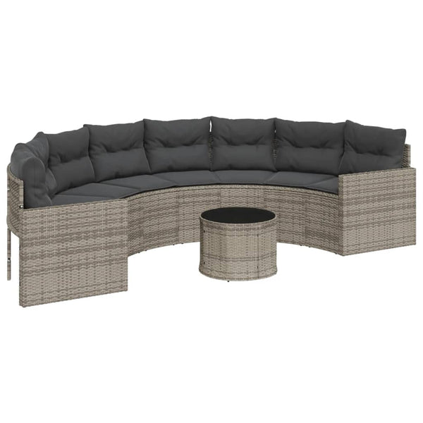 Gartensofa Halbrund Grau Poly Rattan mit Tisch