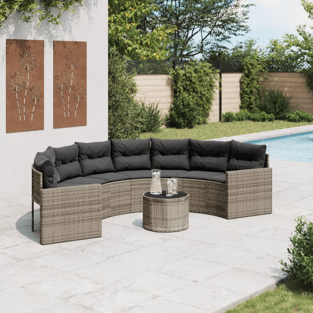Gartensofa Halbrund Grau Poly Rattan mit Tisch