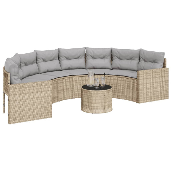 Halbrundes Gartensofa mit Tisch Beige Poly-Rattan