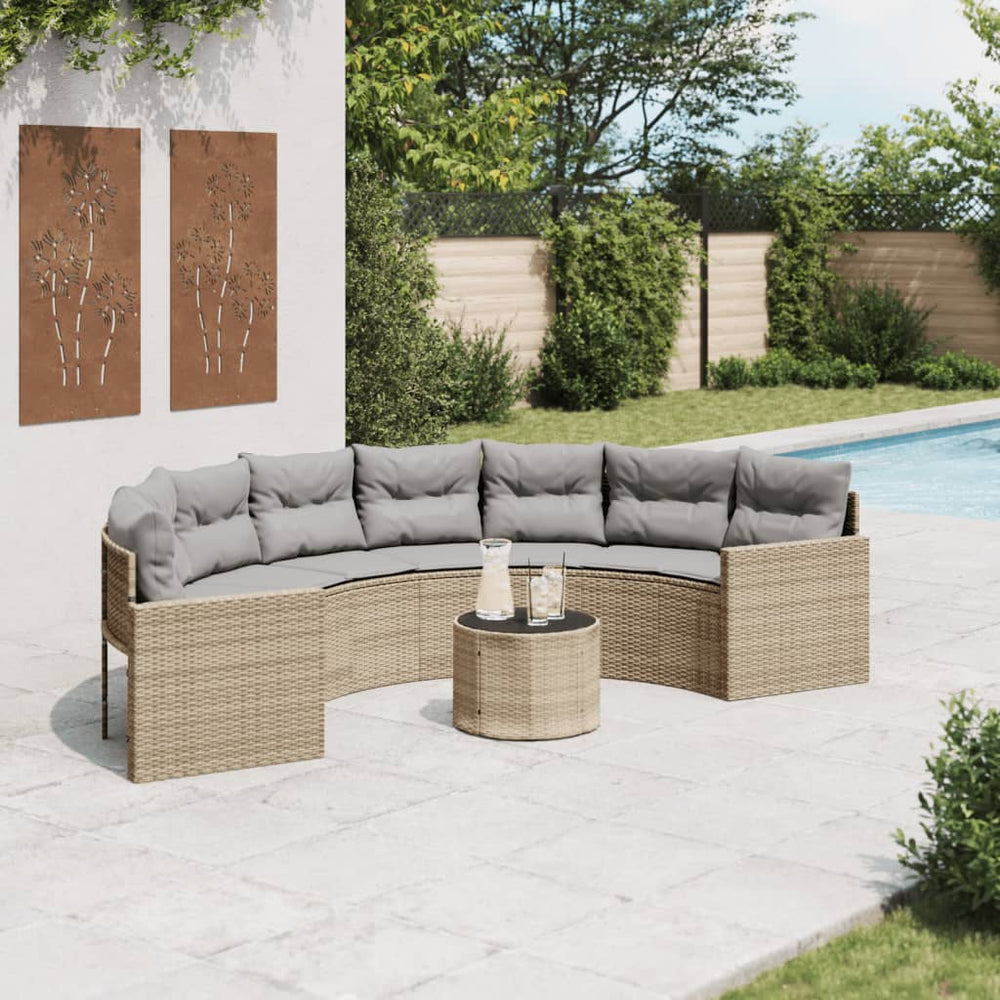 Halbrundes Gartensofa mit Tisch Beige Poly-Rattan